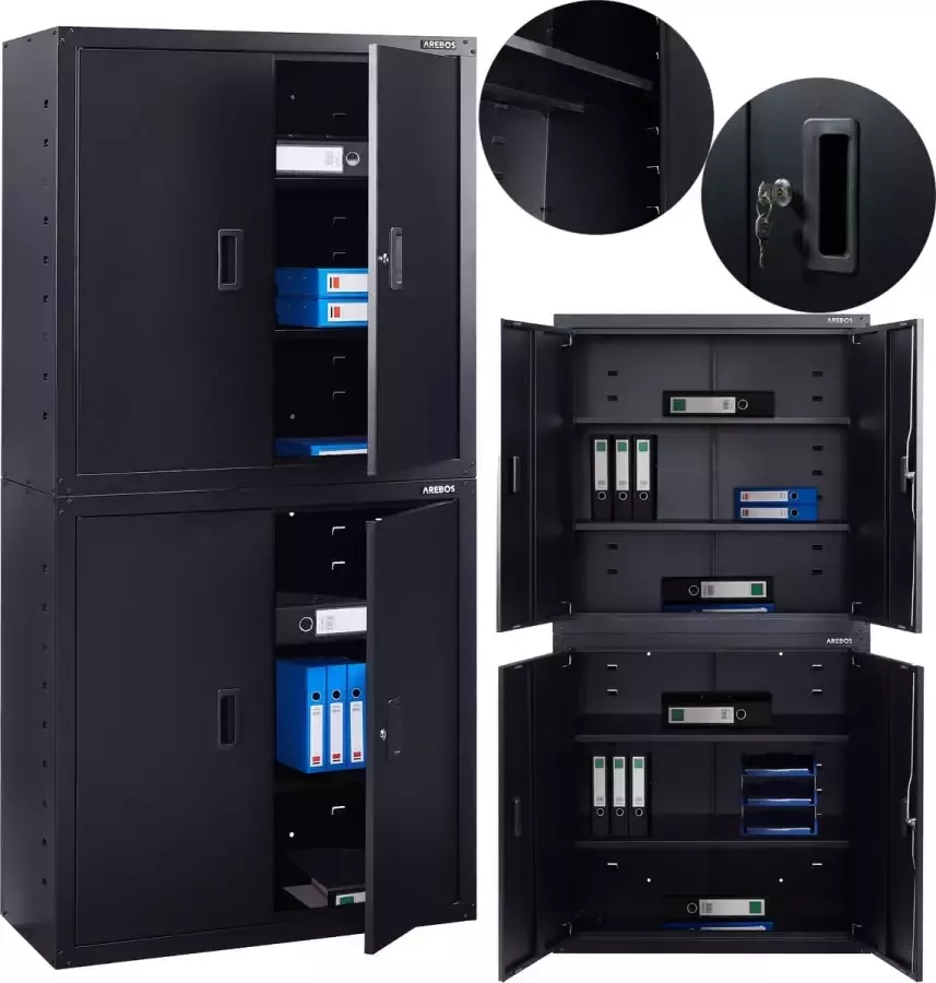 Arebos Archiefkast Dossierkast Roldeurkast Kantoorkast Opbergkasten met deuren Archiefkast Metaal 180x90x40 cm Zwart 4 Uitneembare planken