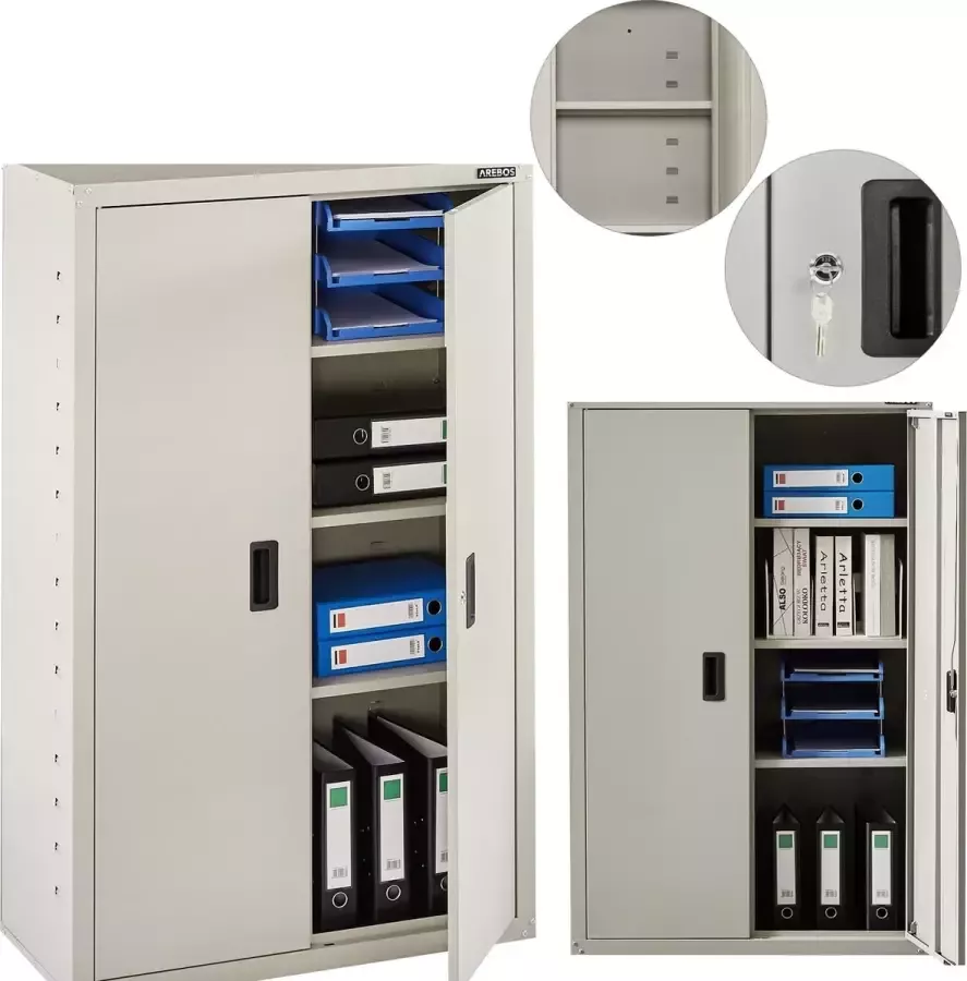 Arebos Archiefkast Dossierkast Roldeurkast Kantoorkast Opbergkasten met deuren Archiefkast Metaal 140 x 90 x 40 cm Grijs