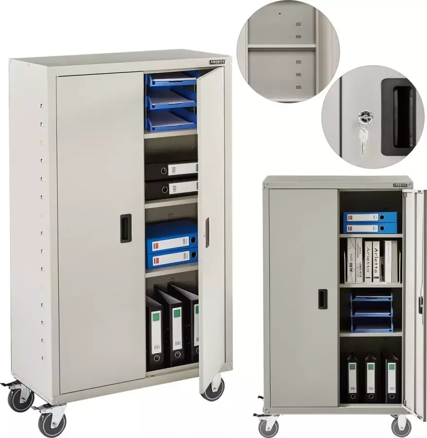 Arebos Archiefkast Dossierkast Roldeurkast Kantoorkast Opbergkasten met deuren Archiefkast Metaal 155 x 90 x 40 cm 4 zwenkwielset -Grijs