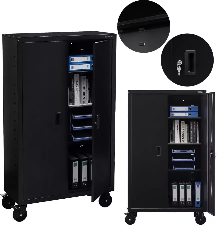 Arebos Archiefkast Dossierkast Roldeurkast Kantoorkast Opbergkasten met deuren Archiefkast Metaal 155 x 90 x 40 cm 4 zwenkwielset Zwart