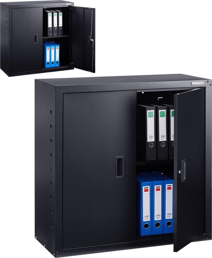 Arebos Archiefkast Dossierkast Roldeurkast Kantoorkast Opbergkasten met deuren Archiefkast Metaal 90x90x40 cm -Zwart 1 Uitneembare planken