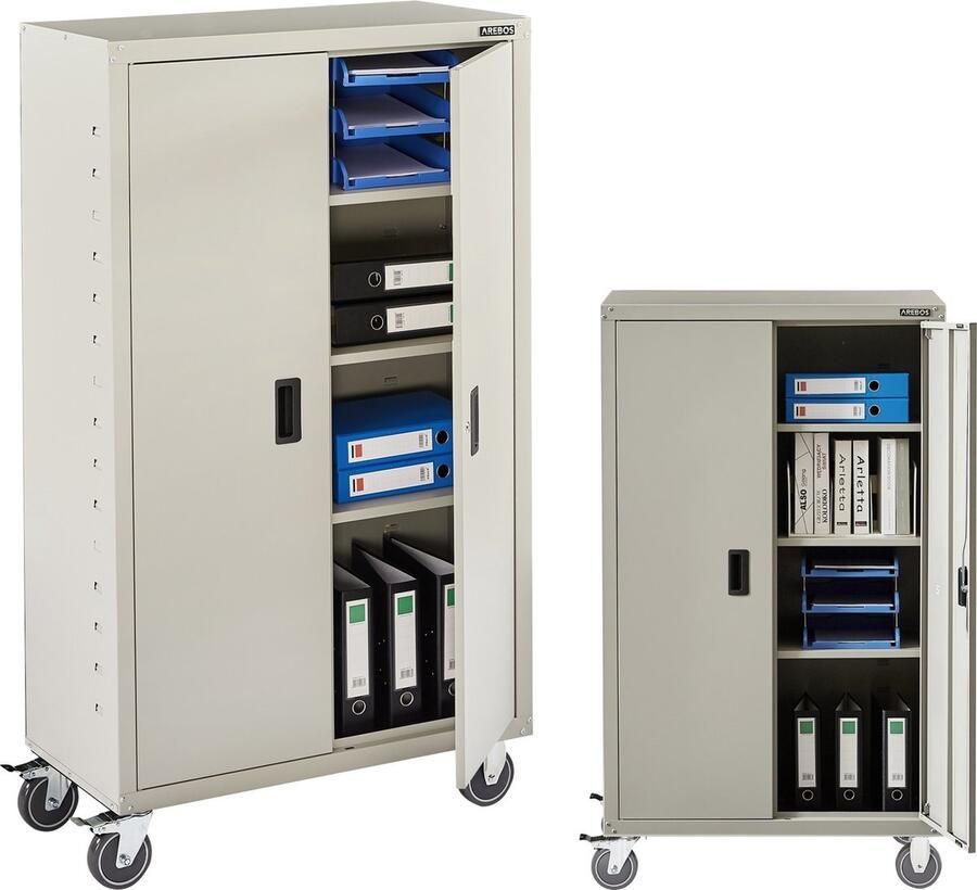 Arebos Archiefkast Dossierkast Roldeurkast Kantoorkast Opbergkasten met deuren Archiefkast Metaal 155 x 90 x 40 cm 4 zwenkwielset -Grijs