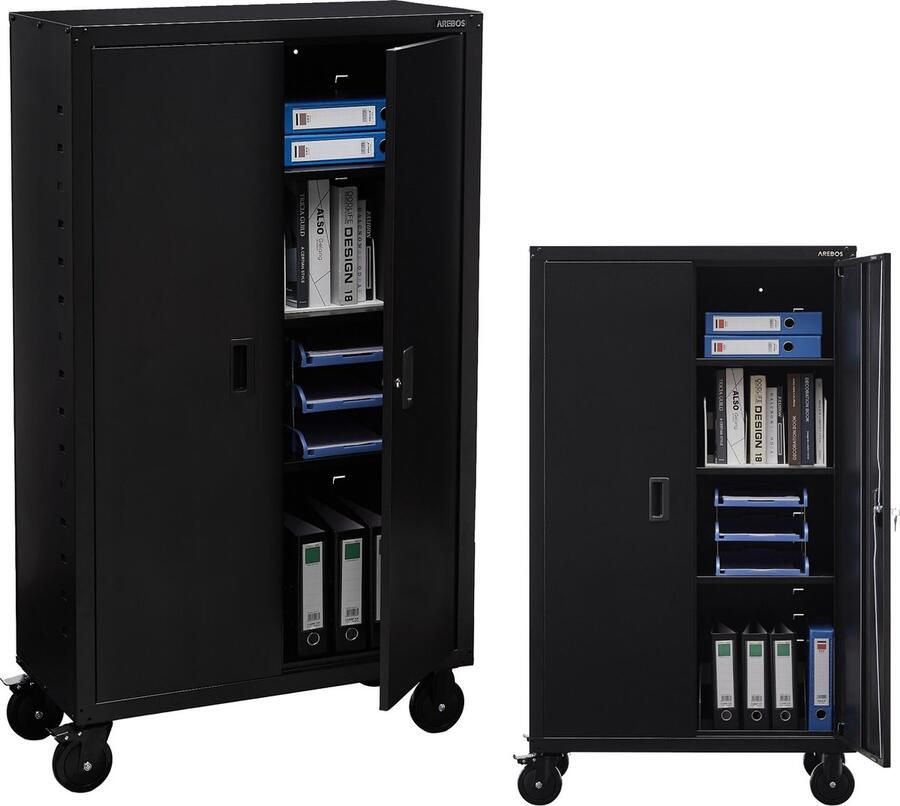 Arebos Archiefkast Dossierkast Roldeurkast Kantoorkast Opbergkasten met deuren Archiefkast Metaal 155 x 90 x 40 cm 4 zwenkwielset Zwart - Foto 2