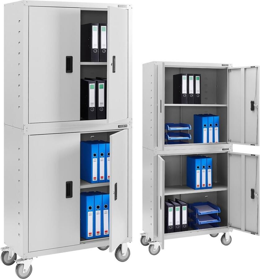 Arebos Archiefkast Dossierkast Roldeurkast Kantoorkast Opbergkasten met deuren Archiefkast Metaal 180x90x40 cm Grijs 4 Wielen 2 Uitneembare planken