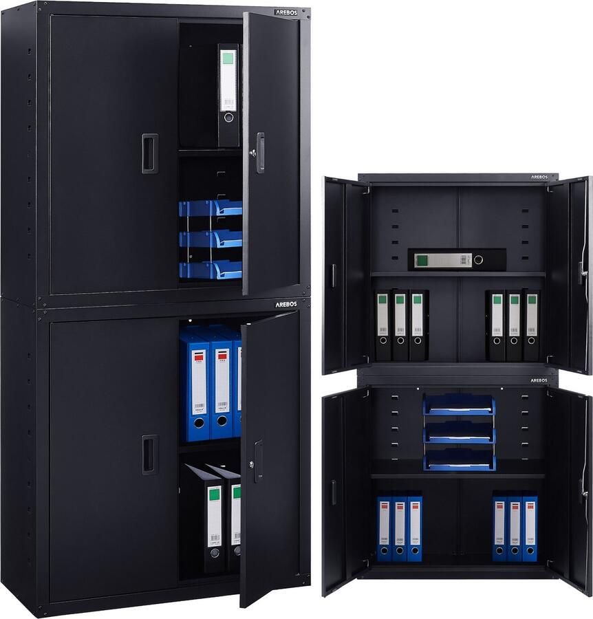 Arebos Archiefkast Dossierkast Roldeurkast Kantoorkast Opbergkasten met deuren Archiefkast Metaal 180x90x40 cm Zwart 2 Uitneembare planken