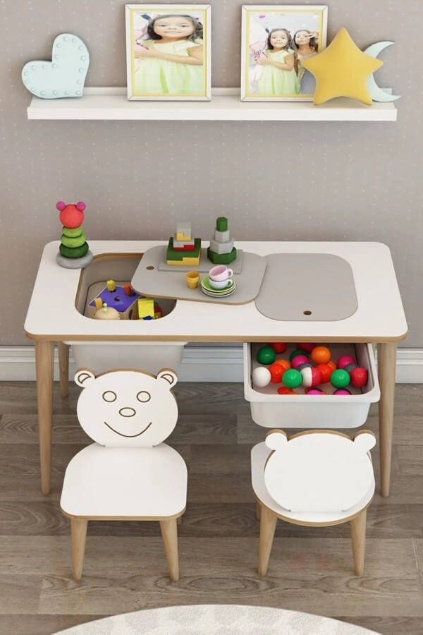 Arnillo Kindertafel met 2 Stoeltjes Kinderbureau Speeltafel Kindertafel met Opbergruimte Peuter Tafel met 2 Stoeltjes Kindertafel en 2 Stoeltjes
