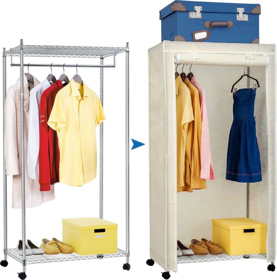 Art moon BUFFALO + Beige cover garderobekast op wielen heavy-duty kledingrek met 2 planken hangende organizer voor kleding