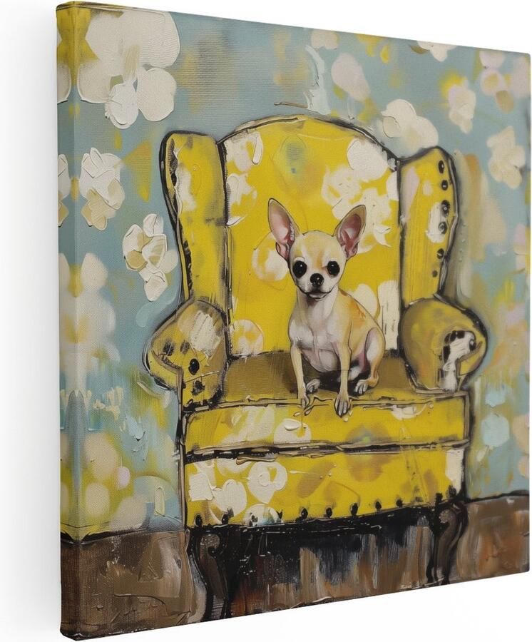 Artaza Canvas Schilderij Chihuahua in Gele Stoel 80x80 Groot Foto Op Canvas Print