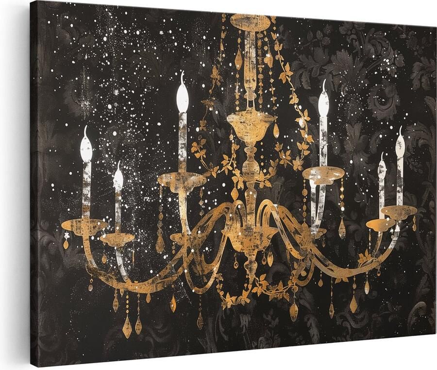 Artaza Canvas Schilderij Gouden Kroonluchter op een Zwarte Achtergrond 90x60 Wanddecoratie Foto Op Canvas Print