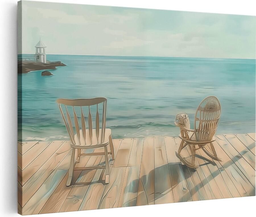 Artaza Canvas Schilderij Twee Schommelstoelen op een Houten Terras met Uitzicht op de Oceaan 60x40 Wanddecoratie Foto Op Canvas Print