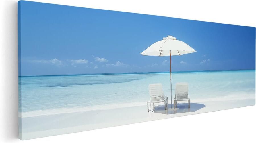 Artaza Canvas Schilderij Twee Stoelen op een Strand onder een Parasol 90x30 Muurdecoratie Foto Op Canvas Print