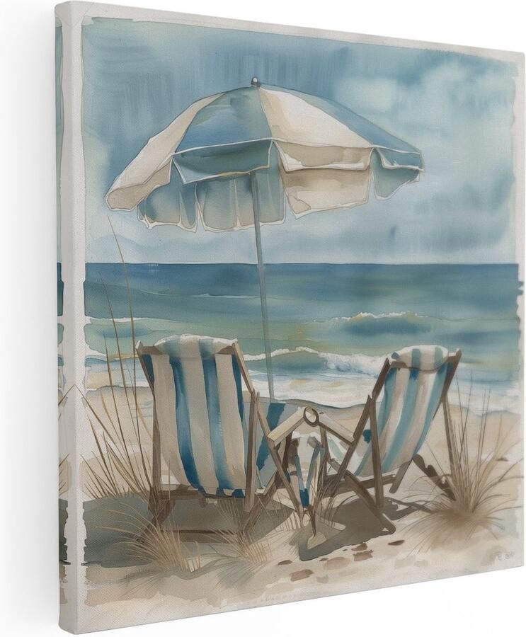 Artaza Canvas Schilderij Twee Stoelen op het Strand met een Parasol 60x60 Muurdecoratie Foto Op Canvas Print