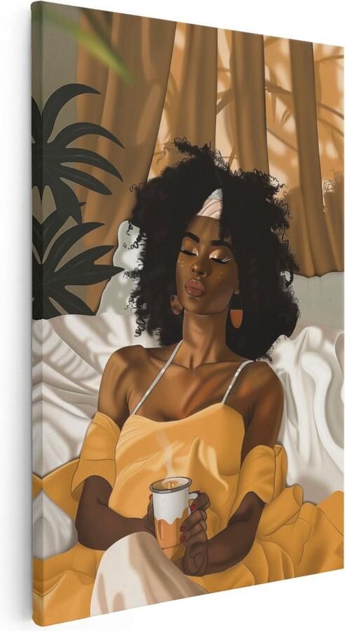 Artaza Canvas Schilderij Vrouw in een Gele Jurk Liggend in Bed met een Kopje Koffie 20x30 Klein Foto Op Canvas Print
