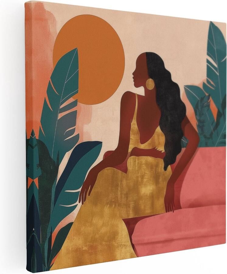 Artaza Canvas Schilderij Vrouw in een Gele Jurk Zittend op een Bank 60x60 Muurdecoratie Foto Op Canvas Print