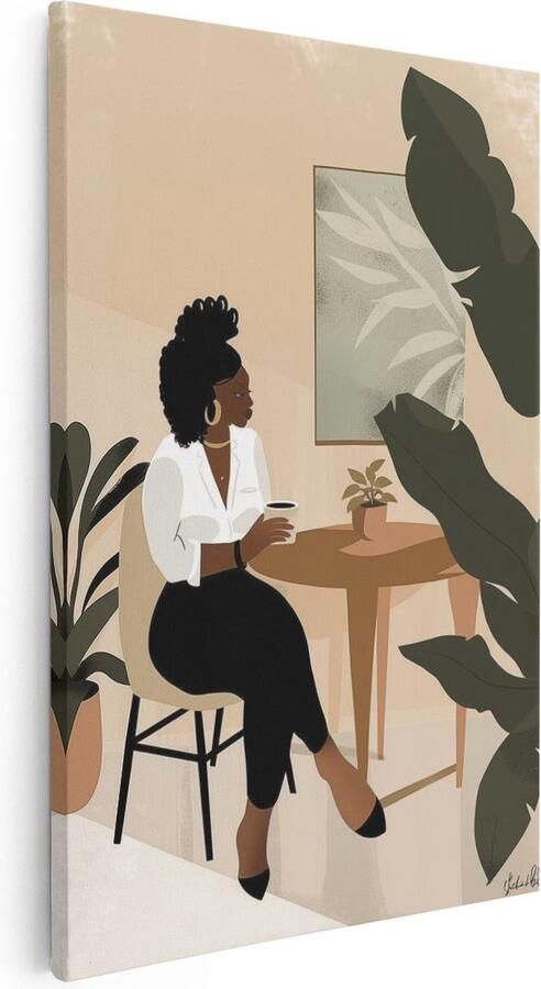 Artaza Canvas Schilderij Zwarte Vrouw zit aan een Bureau met een Plant voor Haar 60x90 Muurdecoratie Foto Op Canvas Print