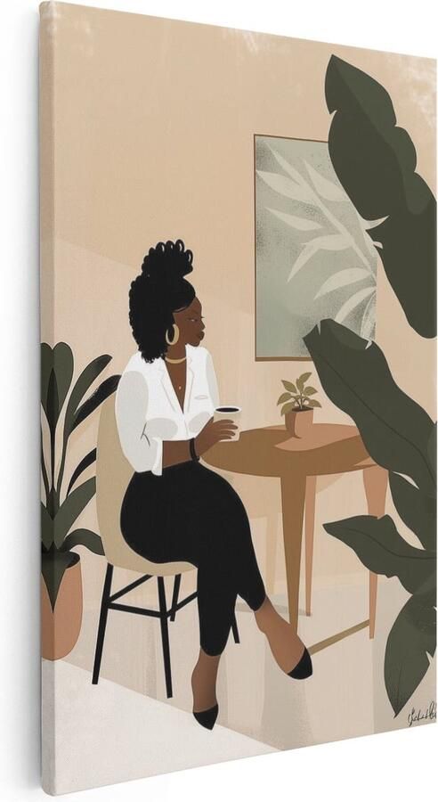 Artaza Canvas Schilderij Zwarte Vrouw zit aan een Bureau voor een Plant 80x120 Groot Foto Op Canvas Print