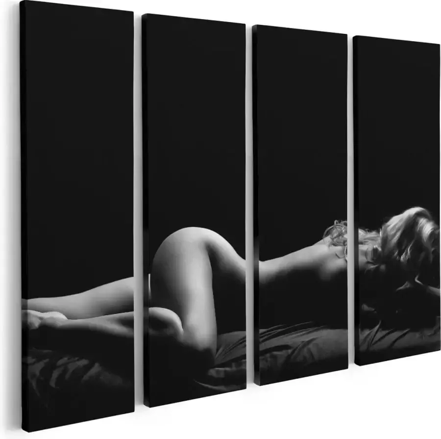 Artaza Canvas Schilderij Vierluik Vrouw Naakt in Bed Erotiek Zwart Wit 80x60 Foto Op Canvas Print