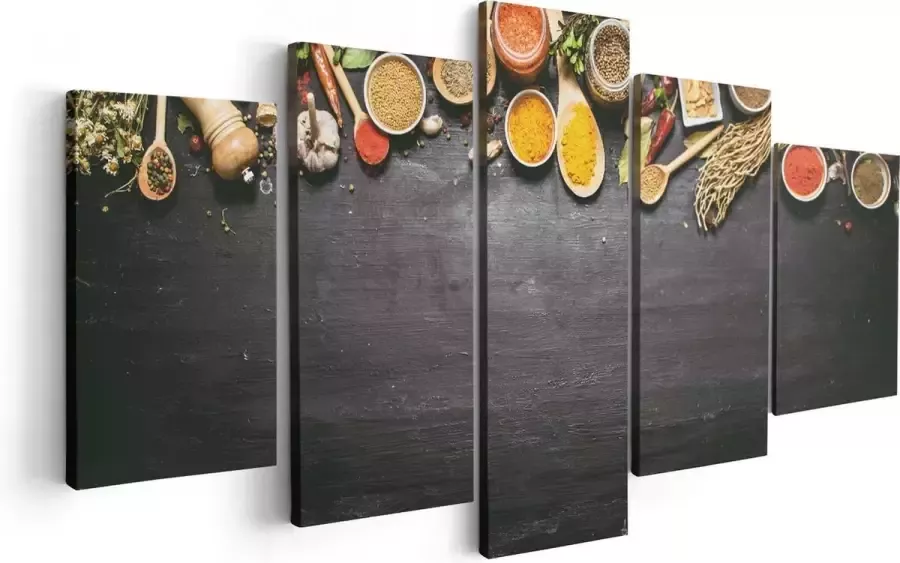 Artaza Canvas Schilderij Vijfluik Indiase Kruiden Op Een Zwarte Tafel 100x50 Foto Op Canvas Print