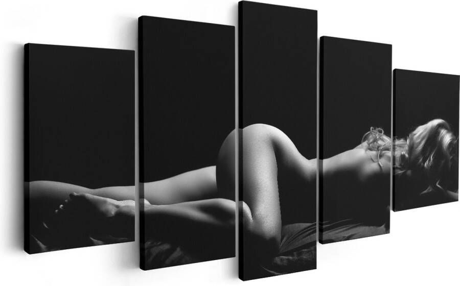 Artaza Canvas Schilderij Vijfluik Vrouw Naakt in Bed Erotiek Zwart Wit 200x100 Groot Foto Op Canvas Print