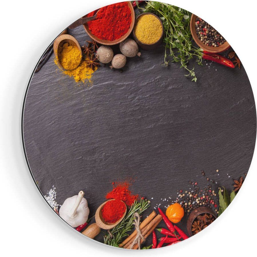 Artaza Dibond Muurcirkel Verschillende Kruiden Op Een Zwarte Tafel Ø 40 cm Klein Wandcirkel Rond Schilderij Voor Binnen en Buiten
