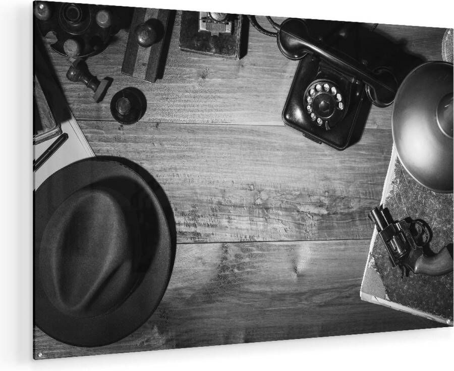 Artaza Glasschilderij Oude Bureau Tafel Met Een Pistool En Een Hoedje 120x80 Groot Plexiglas Schilderij Foto op Glas