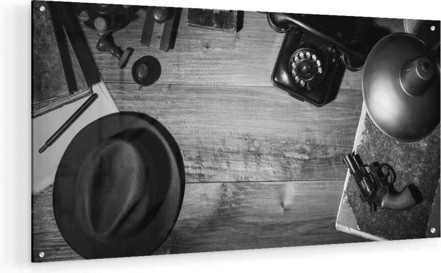 Artaza Glasschilderij Oude Bureau Tafel Met Een Pistool En Een Hoedje 80x40 Plexiglas Schilderij Foto op Glas