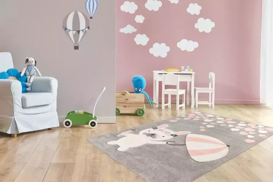 Kayoom Australia Clermont Rosa Tapijt Vloerkleed Kinderkamer Speelmat Speelkleed 120x170cm Muis Roze Grijs