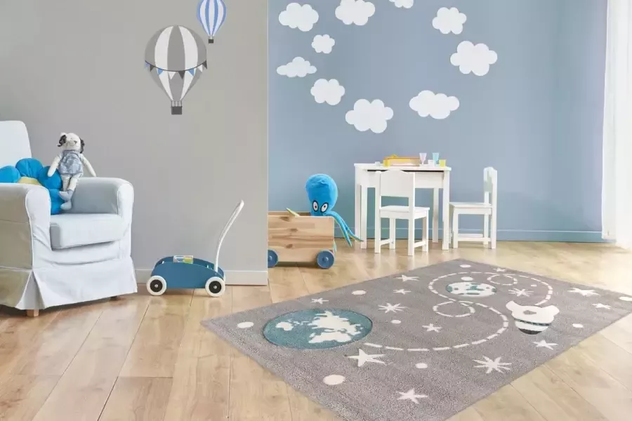 Kayoom Australia Walgett Rosa Tapijt Vloerkleed Kinderkamer Speelmat Speelkleed 120x170cm Raket Zilver