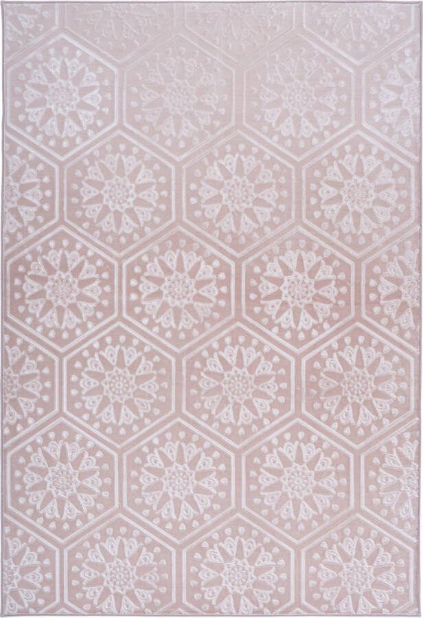 Arte Espina Laagpolig Vloerkleed Monroe Duurzaam Handgemaakt Vintage Tapijt Anti-Slip 160x230cm Roze Wit