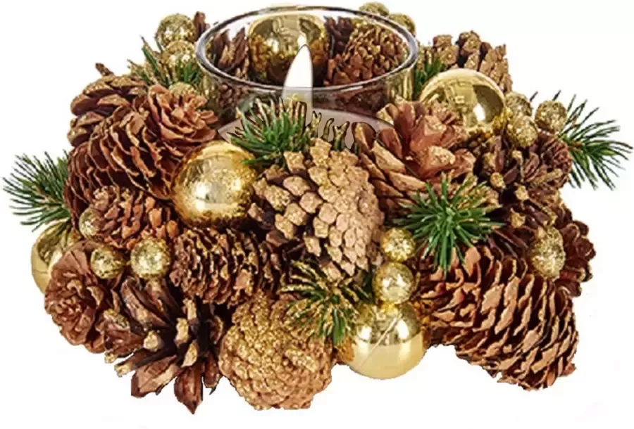Krist+ Kerst thema kaarsenhouder ornament gold green nature 19 x 19 x 9 cm Voor 1x kaarsjes Tafel decoratie