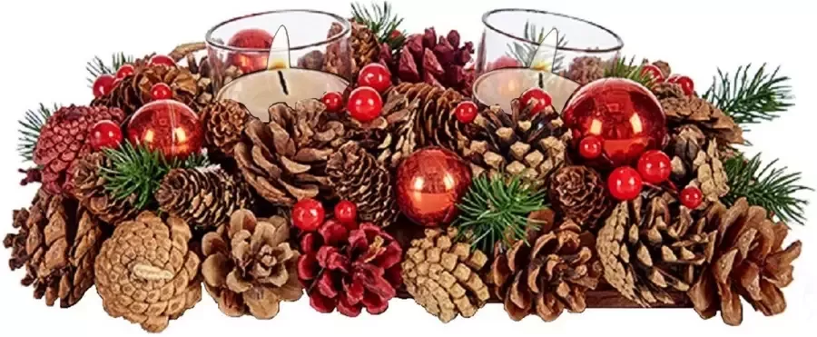 Krist+ Kerst thema kaarsenhouder ornament red green nature 29 x 18 x 11 cm Voor 2x kaarsjes Tafel decoratie