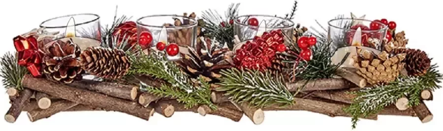 Arte r Kerst thema kaarsenhouder ornament red green nature 40 x 16 x 8 cm Voor 4x kaarsjes Tafel decoratie