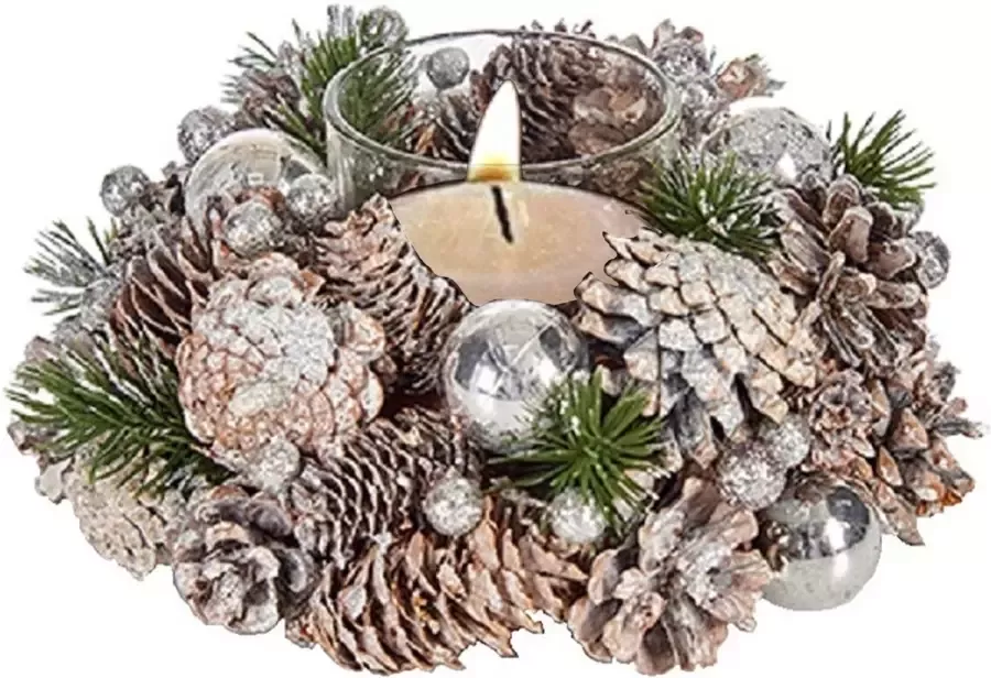Krist+ Kerst thema kaarsenhouder ornament silver green nature 19 x 19 x 9 cm Voor 1x kaarsjes Tafel decoratie