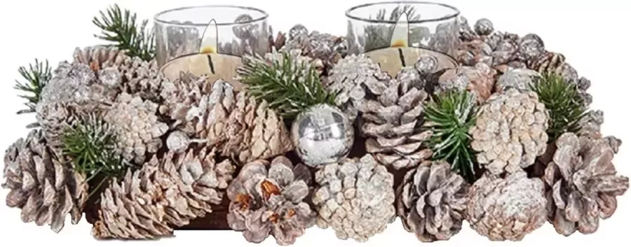 Arte r Kerst thema kaarsenhouder ornament silver green nature 29 x 18 x 11 cm Voor 2x kaarsjes Tafel decoratie