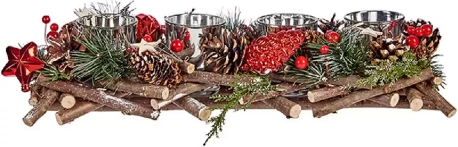 Krist+ Kerst thema kaarsenhouder zilver ornament red green nature 40 x 16 x 8 cm Voor 4x kaarsjes Tafel decoratie