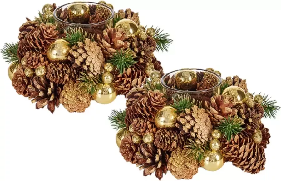 Krist+ Set van 2x stuks kerst thema kaarsenhouders ornament bruin met goud nature 18 cm kaarsjes branden tafel decoratie - Foto 1