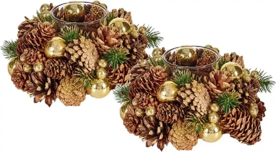 Krist+ Set van 2x stuks kerst thema kaarsenhouders ornamenten gold green nature 19 x 19 x 9 cm Tafel decoratie - Foto 1