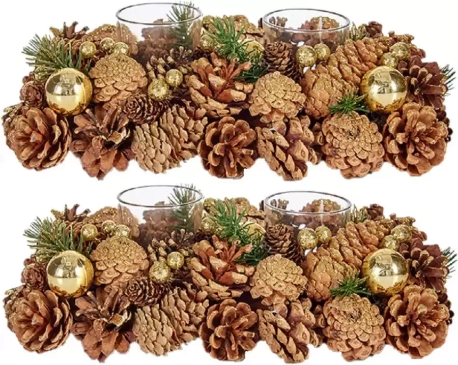 Arte r Set van 2x stuks kerst thema kaarsenhouders ornamenten gold green nature 29 x 18 x 11 cm Voor 2x kaarsjes Tafel decoratie