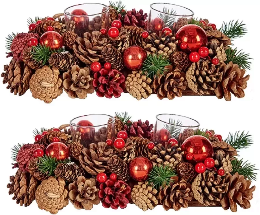 Arte r Set van 2x stuks kerst thema kaarsenhouders ornamenten red green nature 29 x 18 x 11 cm Tafel decoratie