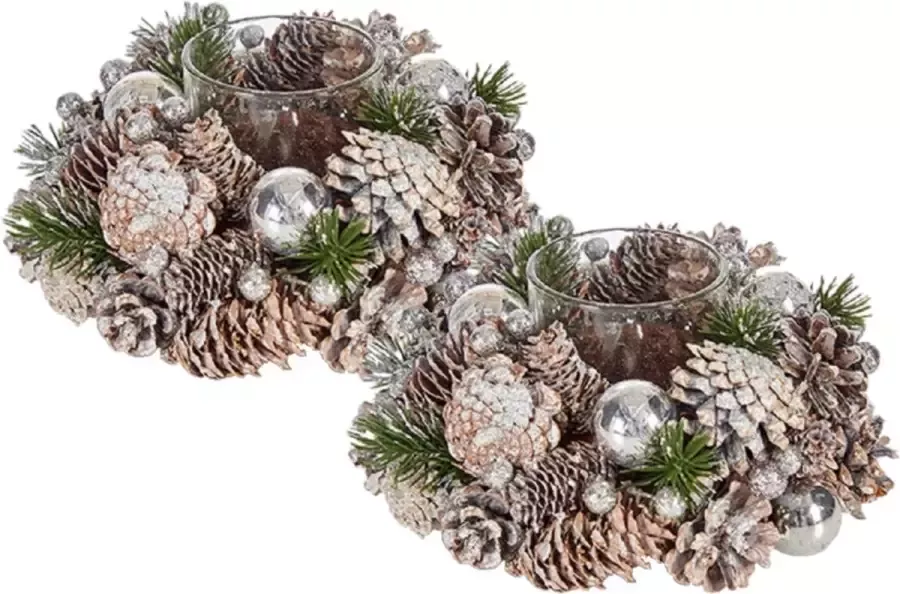 Arte r Set van 2x stuks kerst thema kaarsenhouders ornamenten silver green nature 19 x 19 x 9 cm Tafel decoratie