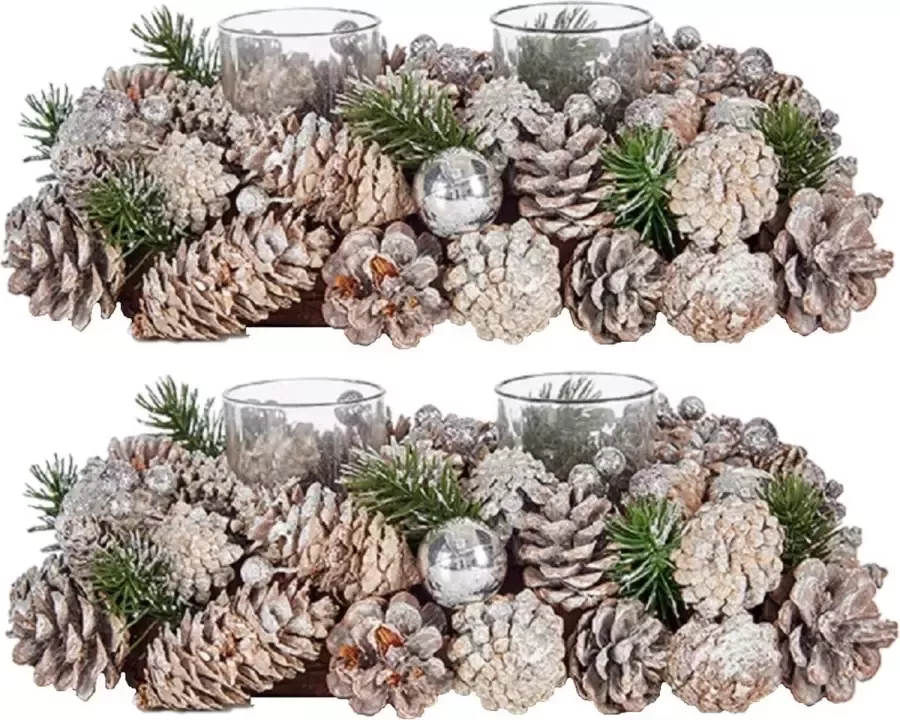 Arte r Set van 2x stuks kerst thema kaarsenhouders ornamenten silver green nature 29 x 18 x 11 cm -Voor 2x kaarsjes Tafel decoratie