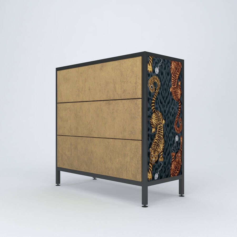 Artframe Furniture Tigris Ladekast Bruin Oranje Zwart Metal Glas Fluweel 90*90*45 cm