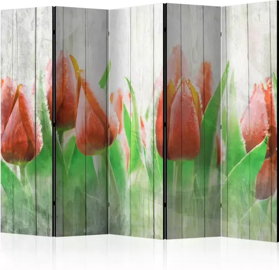 Artgeist 3D Tapijt Vouwscherm Kamerscherm Scheidingswand Red tulips on wood II [Room Dividers] 225x172 3D Tapijt