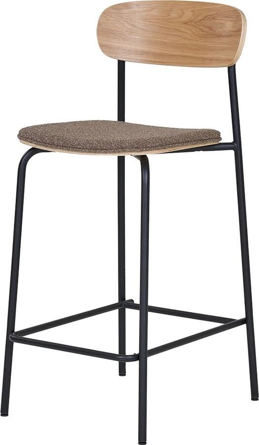 Artichok Justus Barkruk Bruin Houten Rugleuning Zwarte Metalen Poten Stoffen Zitting Bruin met Voetsteun Industrieel Modern Japandi Stijl
