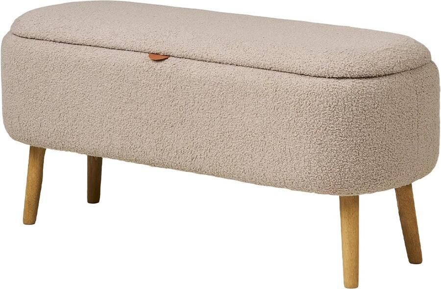 Artichok Rebecca Bankje Beige Bouclé Met Opbergruimte Houten Poten Halbankje Bankje bij Eettafel 95 x 45 cm