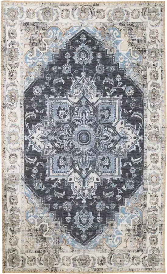 Artichok Valerie Vloerkleed Blauw Vintage Look Gekleurd Groot Kleed Woonkamer en Slaapkamer Boho 300 x 200 cm