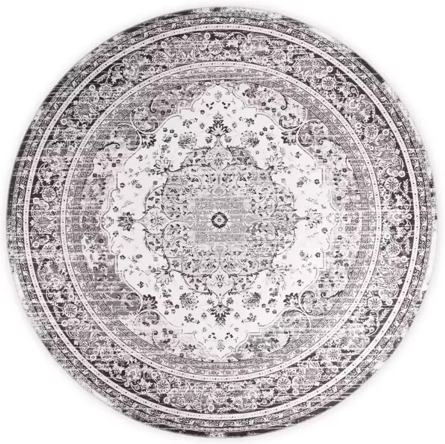 Artichok Valerie vloerkleed zwart Ø 200 cm rond laagpolig vintages tapijt baroque