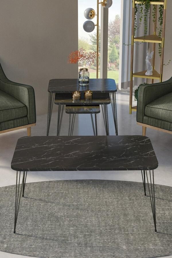 Artiva 3 Bijzettafels & Salontafel Set van 4 Zwart Marmerlook Tafel Rechthoek & Ronde Tafels