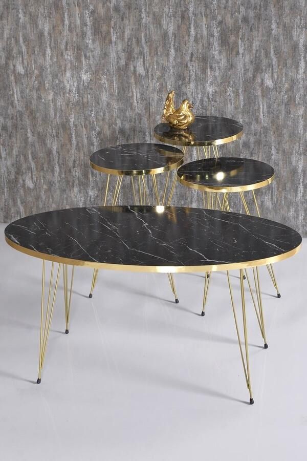 Artiva Bijzettafel & Salontafel Set van 4 Goud & Zwart Marmerlook Tafel - Foto 2