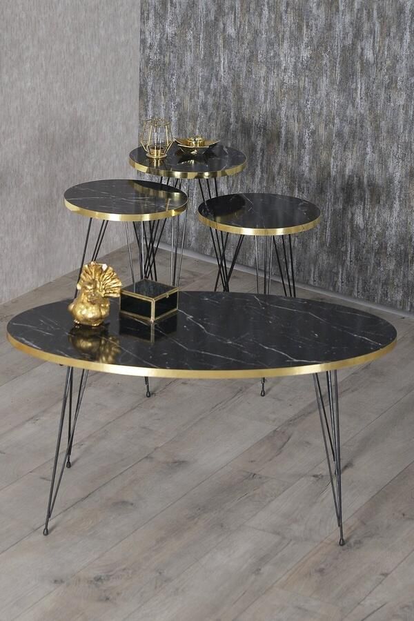 Artiva Bijzettafel & Salontafel Set van 4 Goud & Zwart Marmerlook Tafel